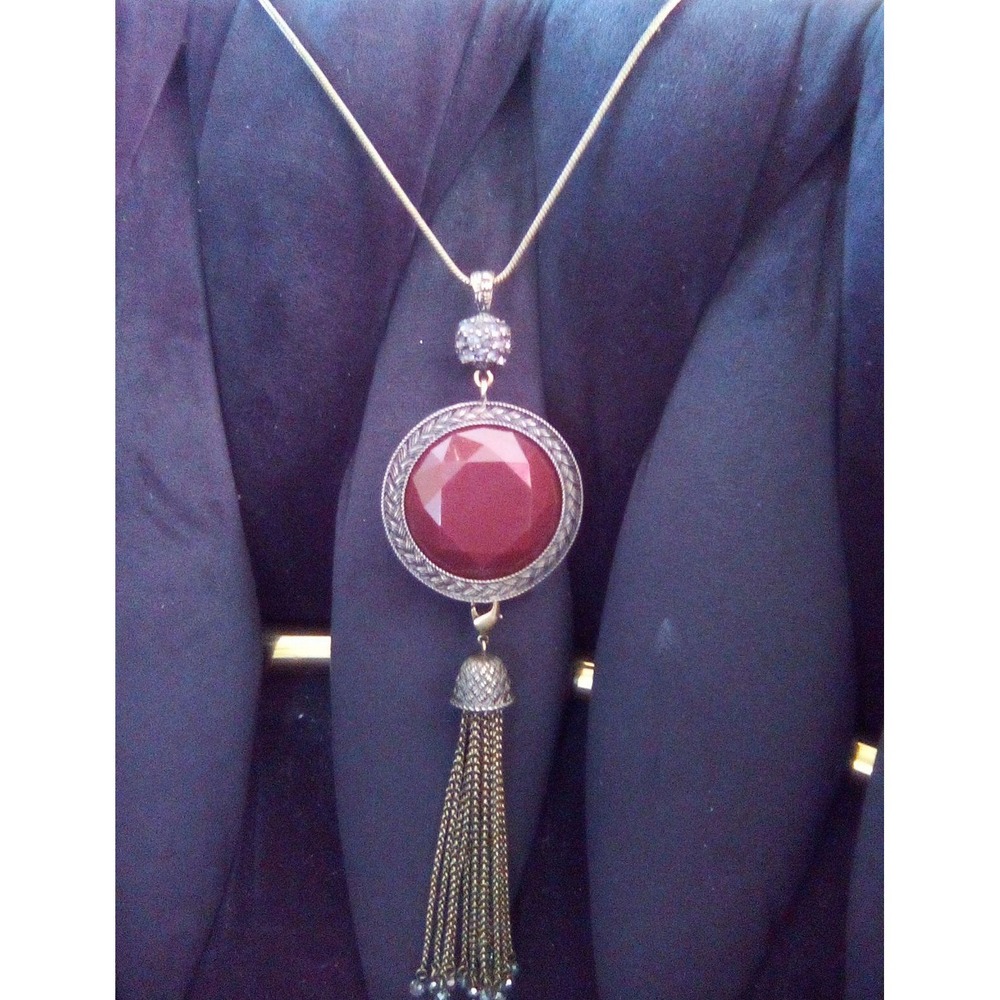 C&C Reversible Red Grey Faceted Stone Long Tassel Snake Chain Necklace Boho 30in - Picture 3 of 8